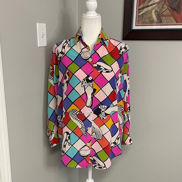 Brett Harrison 100% Silk Vintage Silk Long sleeve Funky Fun Maximalist Bright - Picture 1 of 9